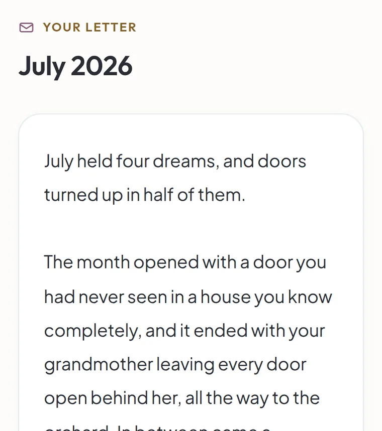 The opening of a monthly letter for July, noticing that doors turned up in half the month's dreams