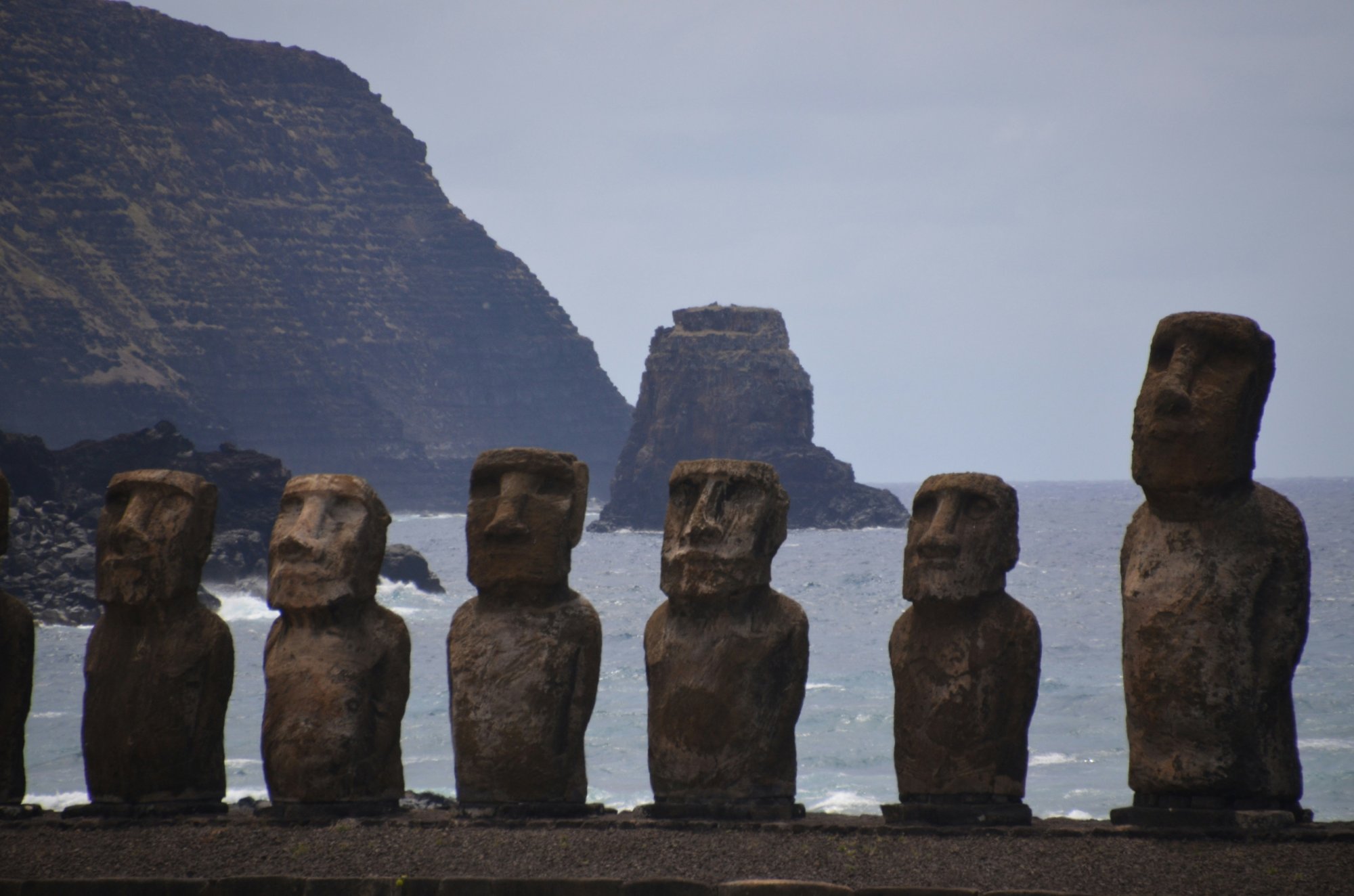 Moai statues against the Pacific Ocean